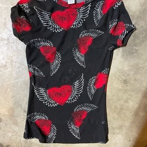 Rue 21 Red and black hearts with wings stretchy short sleeve shirt